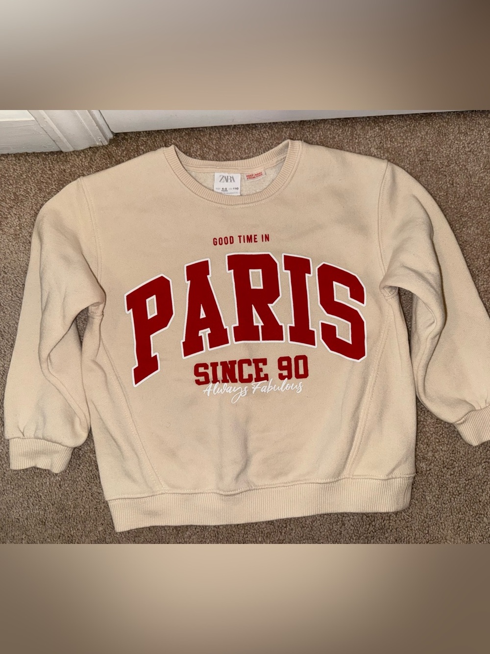 Zara Cream Crewneck Sweatshirt with Red 'PARIS' Print